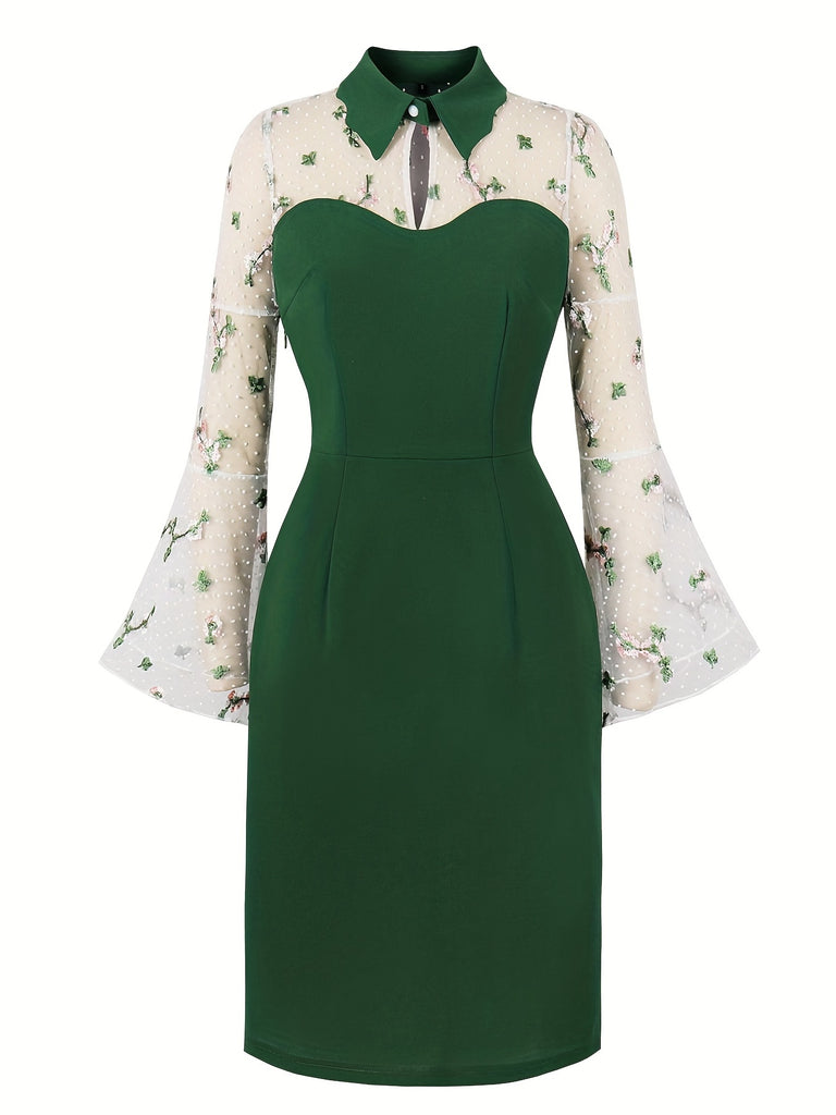 elveswallet  Mesh Stitching Floral Print Dress, Elegant Long Sleeve Lapel Dress, Dress For Party & Banquet, Women's Clothing