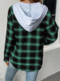 elveswallet  Plaid Print Hooded Jacket, Casual Drawstring Long Sleeve Button Front Outerwear, Women's Clothing