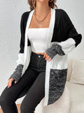 elveswallet  Women's Sweater Black & White Grey Color Block Long Sleeve Fall Winter Cardigan