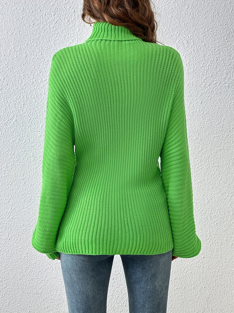 elveswallet  Women's Sweater Casual Turtleneck Twist Rib Green Long Sleeve Loose Fall Winter Sweater