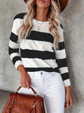 elveswallet  Versatile Long Sleeve Striped T-Shirt, Crew Neck Casual Top For Spring & Fall, Women's Clothing