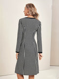 Houndstooth Print Midi Dress, Elegant Crew Neck Long Sleeve Dress, Women's Clothing