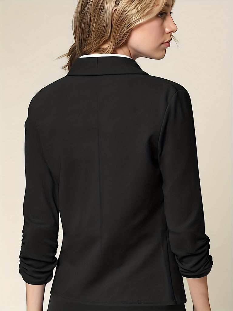 elveswallet  Solid Open Front Blazer, Elegant Ruched 3/4 Sleeve Blazer For Office & Work, Women's Clothing