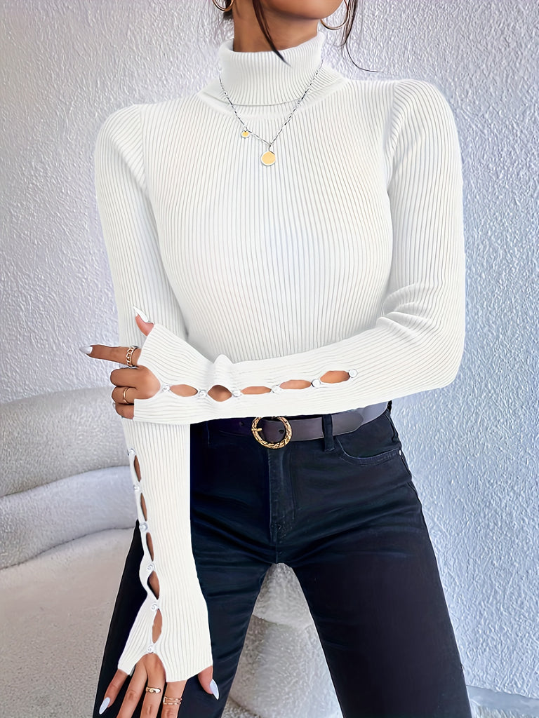 Beaded Cut Out Turtle Neck Pullover Sweater, Elegant Long Sleeve Slim Rib Knit Sweater, Women's Clothing