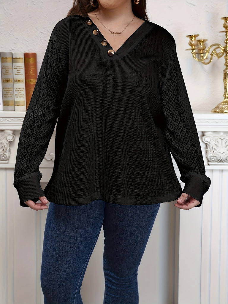 elveswallet  Plus Size Casual Knit Top, Women's Plus Solid Contrast Lace V Neck Button Decor Long Sleeve Slight Stretch Sweater