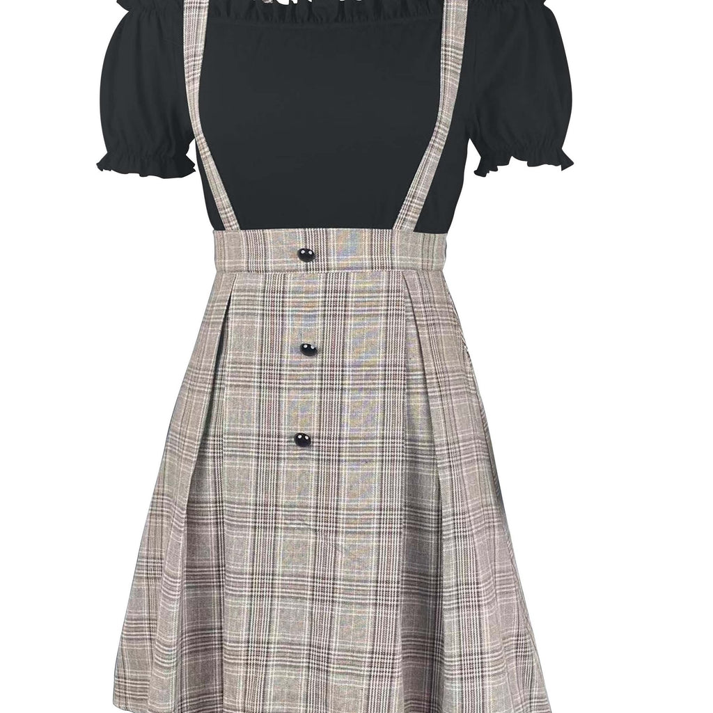 elveswallet  Elegant Daily Two-piece Set, Plaid Print Suspender Skirts & Solid Short Sleeve Mini Dress Outfits, Women's Clothing
