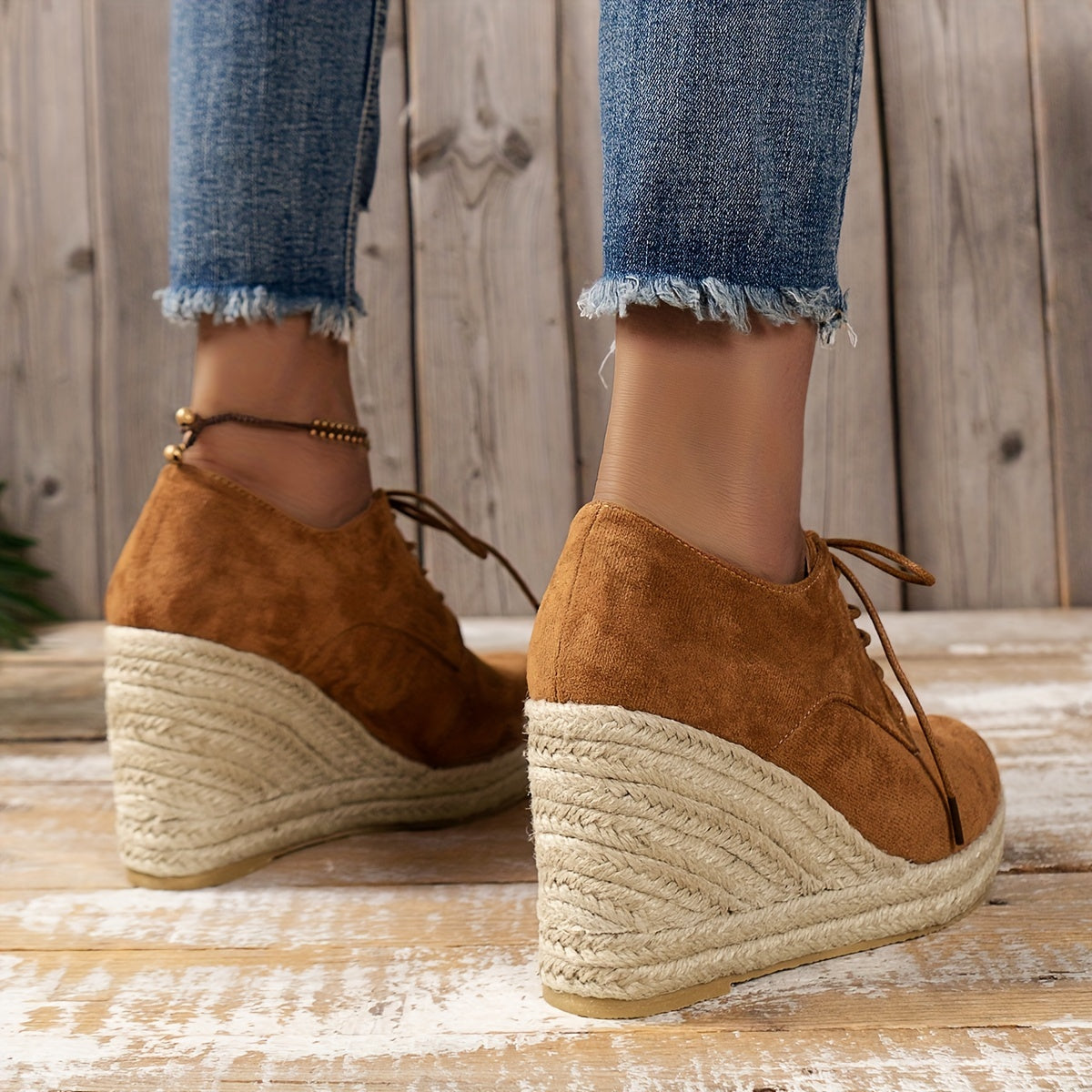 elveswallet Espadrilles Round Toe Lace Up Low-top Platform Wedges