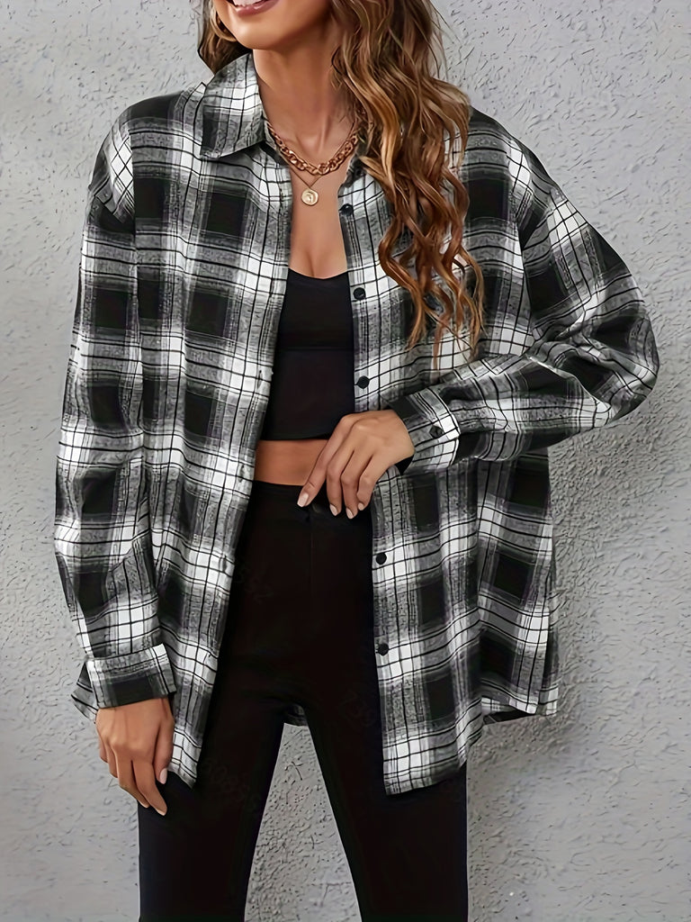 elveswallet  Plaid Print Button Front Shirt, Vintage Long Sleeve Collared Shirt, Women's Clothing