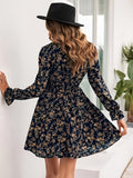 elveswallet  Ditsy Floral Print Dress, Elegant Shirred Long Sleeve Dress, Women's Clothing