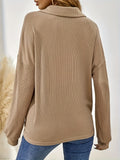 Plus Size Casual Blouse, Women's Plus Solid Ribbed Long Sleeve Polo Neck Slight Stretch Henley Shirt