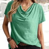elveswallet  Cowl Neck Short Sleeve T-Shirt, Elegant Solid Casual Top For Summer & Spring, Women's Clothing