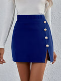 elveswallet  Solid High Waist Split Hem Button Elastic Skirts, Elegant Mid Length Office Work Skirts, Women's Clothing