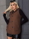 Solid Hooded Teddy Vest, Casual Button Front Sleeveless Warm Outerwear, Women's Clothing