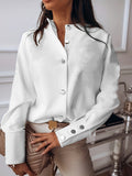 elveswallet  Plus Size Casual Blouse, Women's Plus Solid Long Sleeve Button Up Mock Neck Slight Stretch Shirt Top