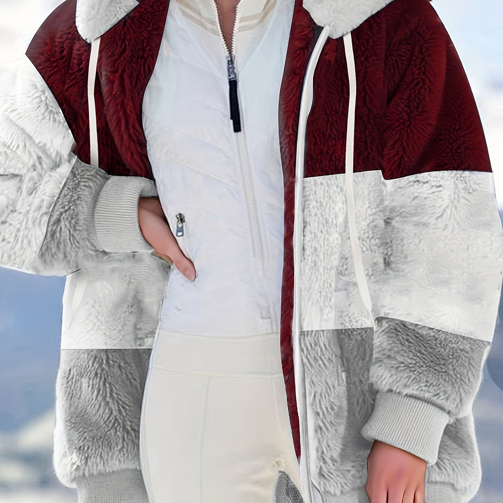 Plus Size Colorblock Fuzzy Hoodie Drawstring Zip Up Coat, Women's Plus Pocket Casual Overcoat