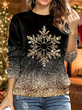 elveswallet  Plus Size Christmas Top, Women's Plus Glitter Snowflake Print Long Sleeve Round Neck Slight Stretch Top