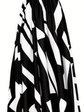 elveswallet  Plus Size Elegant Skirt, Women's Plus Pleated Geo Print High Rise A-line Maxi Skirt