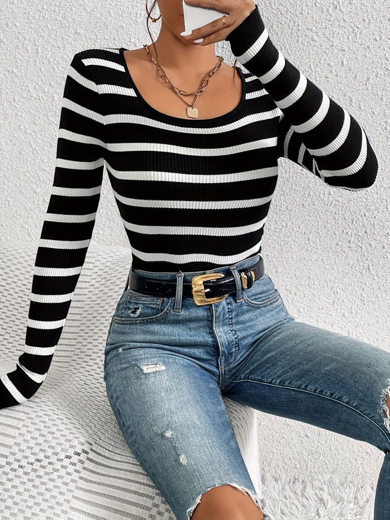 Striped Print Knit Sweater, Sexy Slim Crew Neck Long Sleeve Sweater, Women's Clothing