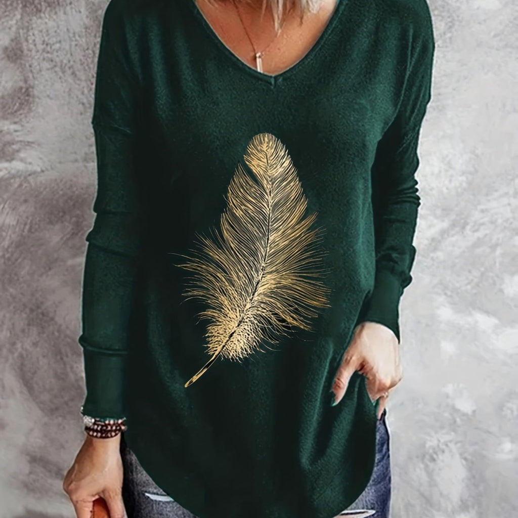 elveswallet  Plus Size Casual T-shirt, Women's Plus Feather Print Long Sleeve V Neck Slight Stretch Tee
