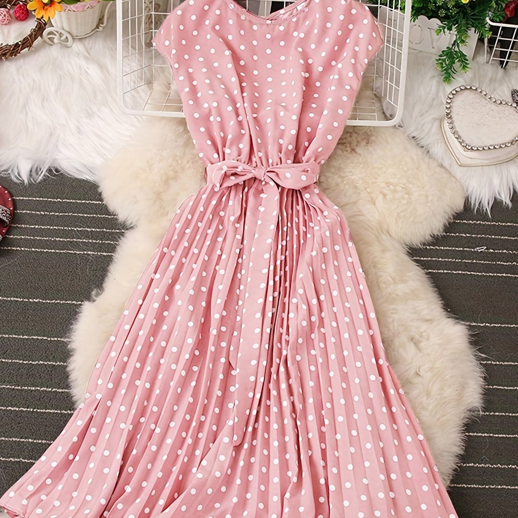 elveswallet  Polka Dot Pleated Dress, Short Sleeve Casual Dress For Spring & Summer, Women's Clothing
