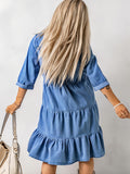elveswallet  Blue Half Sleeves Denim Dress, Single Breasted Button Ruched Peplum Denim Dress, Women's Denim Clothing