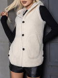 Solid Hooded Teddy Vest, Casual Button Front Sleeveless Warm Outerwear, Women's Clothing