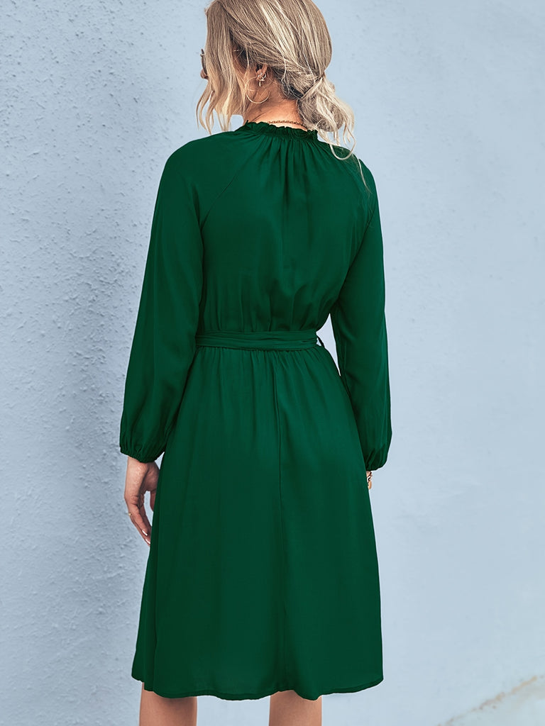 elveswallet  Women's Elegant Solid Belted Dress, Frill Neck Long Sleeve Dress For Spring & Fall, Women's Clothing