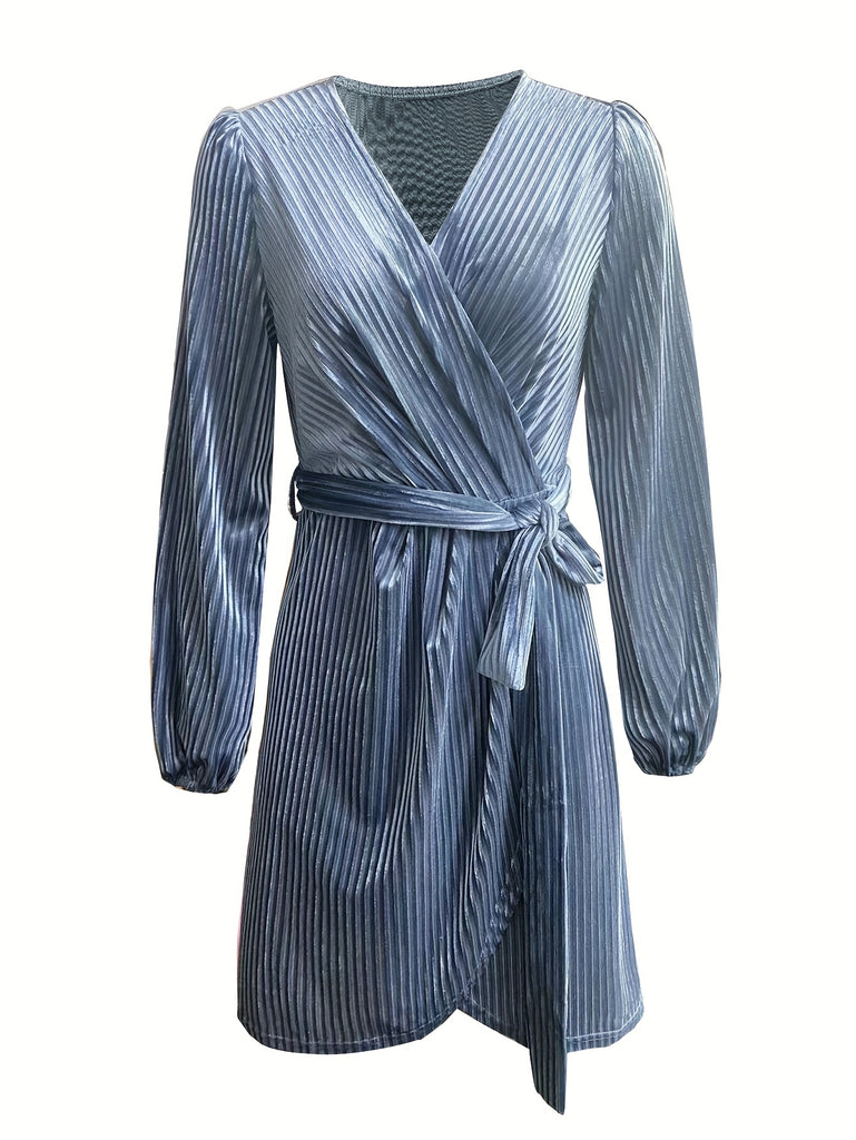 elveswallet  Solid Ribbed Surplice Neck Dress, Elegant Long Sleeve Belted Dress, Women's Clothing