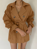 Double Breasted Lapel Trench Coat, Elegant Solid Drawstring Long Sleeve Outerwear, Women's Clothing
