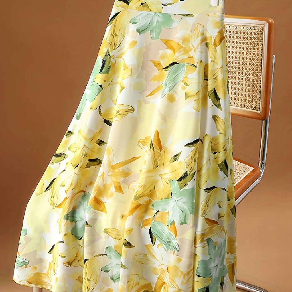 elveswallet  Floral Print Pleated Skirts, Elegant Long Length Summer Skirts, Women's Clothing