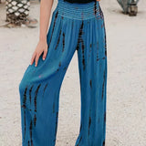 elveswallet  Smocked Waist Wide Leg Pants, Bohemian Casual Every Day Pants, Women's Clothing