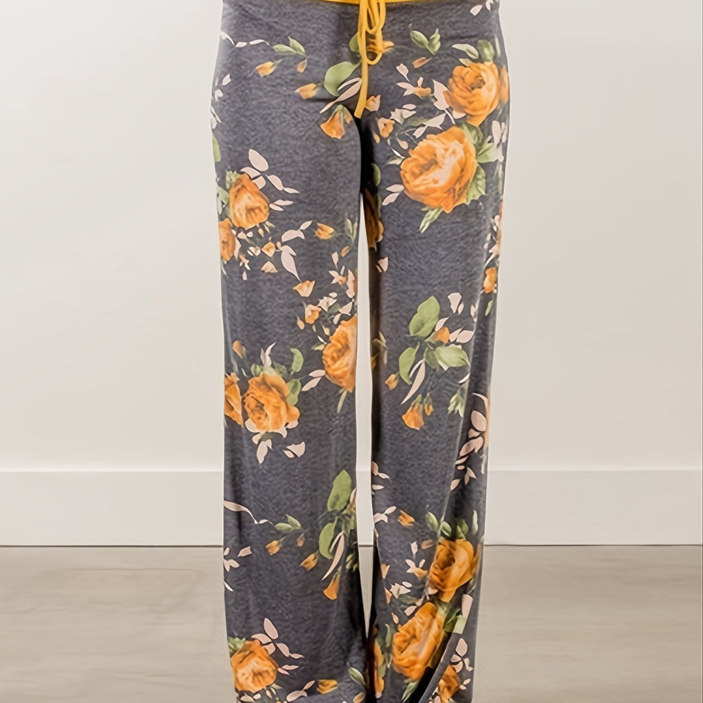 Plus Size Floral Print High Rise Drawstring Long Pants, Women's Plus Slight Stretch Loose Casual Pants