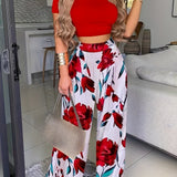 elveswallet  Boho Summer Two Pieces Set, Cropped Solid Short Sleeve T-shirt & High Waist Floral Print Wide Leg Pants Outfits, Women's Clothing