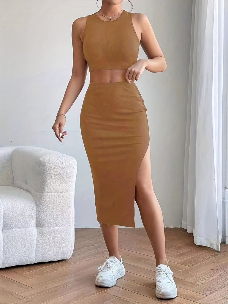 elveswallet  Solid Casual Two-piece Set, Crew Neck Crop Tank Top & Split High Waist Skirts Outfits, Women's Clothing