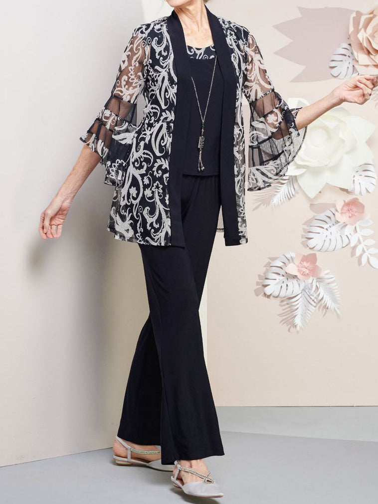 Women's Casual Top And Pants With Printed Cardigan Three-Piece Set