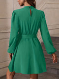 Keyhole Solid Dress, Elegant Mock Neck Lantern Sleeve Dress, Women's Clothing