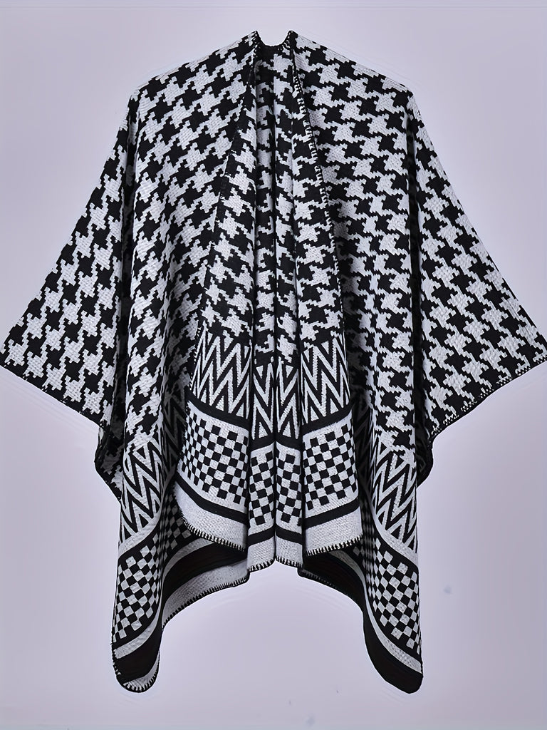 Plus Size Elegant Coat, Women's Plus Colorblock Houndstooth & Checkboard Print Batwing Sleeve Open Front Asymmetric Hem Shawl Coat