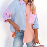 Color Block Stitching Shirt, Casual Pocket Long Sleeve Button Down Shirt, Women's Clothing