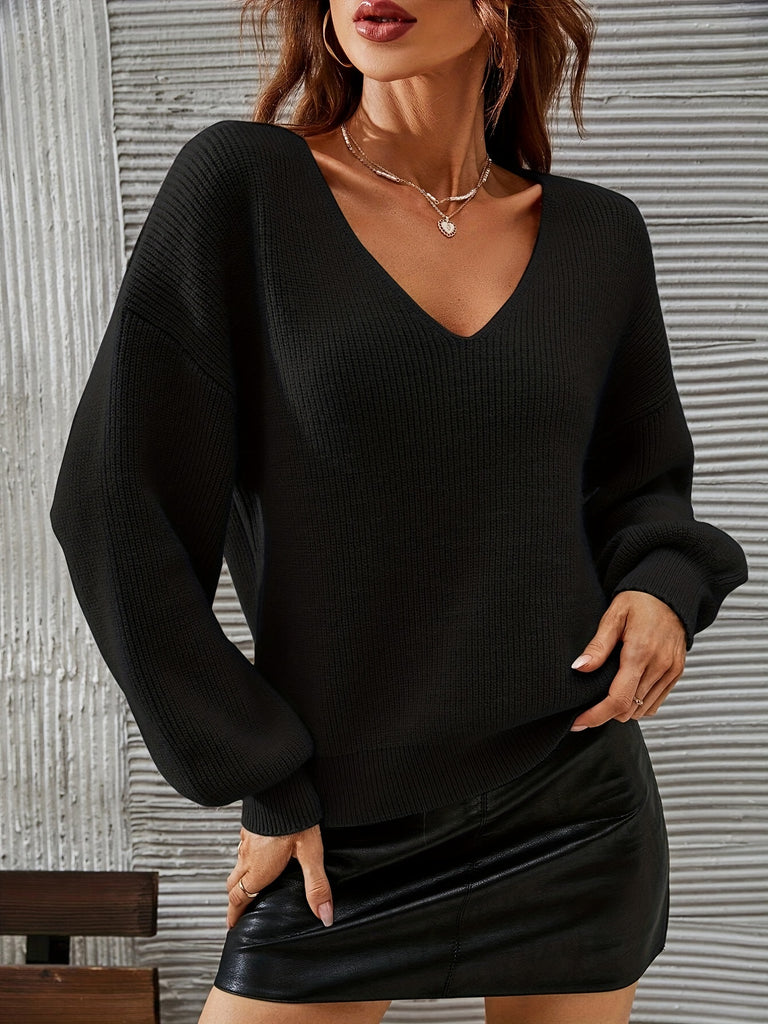 Ribbed Knitted Pullover Top, Casual V Neck Long Lantern Sleeve Sweater For Fall & Winter, Women's Clothing
