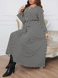 elveswallet  Plus Size Elegant Dress, Women's Plus Houndstooth Print Long Sleeve Notched Neck Maxi Dress With Belt