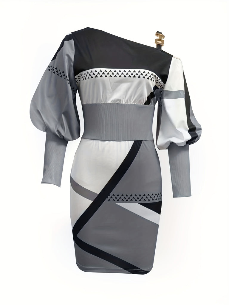 elveswallet  Geo Print Slanted Shoulder Dress, Casual Puff Sleeve Chain Dress, Women's Clothing