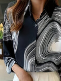 elveswallet  Plus Size Elegant Blouse, Women's Plus Geo Print Long Sleeve Turn Down Collar Button Up Shirt
