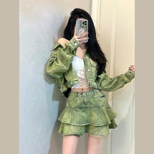 Denim suit skirt women's 2024 new spring Hong Kong style retro chic fashion foreign style high-end skirt two-piece set