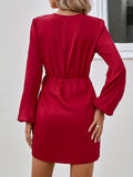 Surplice Neck Lantern Sleeve Dress, Casual Solid Versatile Dress, Women's Clothing