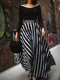 elveswallet  Plus Size Elegant Skirt, Women's Plus Stripe Print High Rise Swing A-line Maxi Skirt