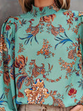 elveswallet  Vintage Floral Print Blouse, Elegant Keyhole Shirred Long Sleeve Blouse, Women's Clothing