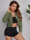 elveswallet  Army Green Lapel Denim Jackets, Long Sleeves Single-Breasted Button Denim Coats, Women's Denim Clothing