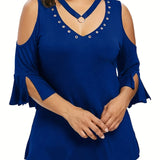 elveswallet  Plus Size V Neck Cold Shoulder Ring Decor T-shirt, Women's Plus Casual Medium Stretch Tee