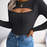 Hollow Twist Knit Sweater Casual Solid Crew Neck Slim Long Sleeve Bottoming Fall Winter Sweater Women's Clothing