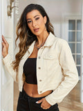 elveswallet  Cremy-White Lapel Denim Jackets, Long Sleeves Single-Breasted Button Cropped Denim Coatsl, Women's Denim Clothing